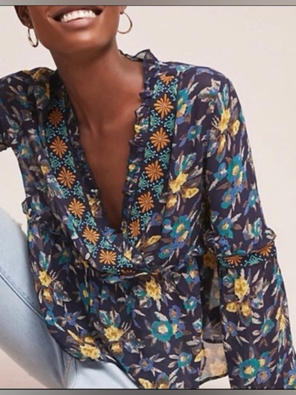 Anthropologie Navy Floral Embroidered V-Neck Blouse L